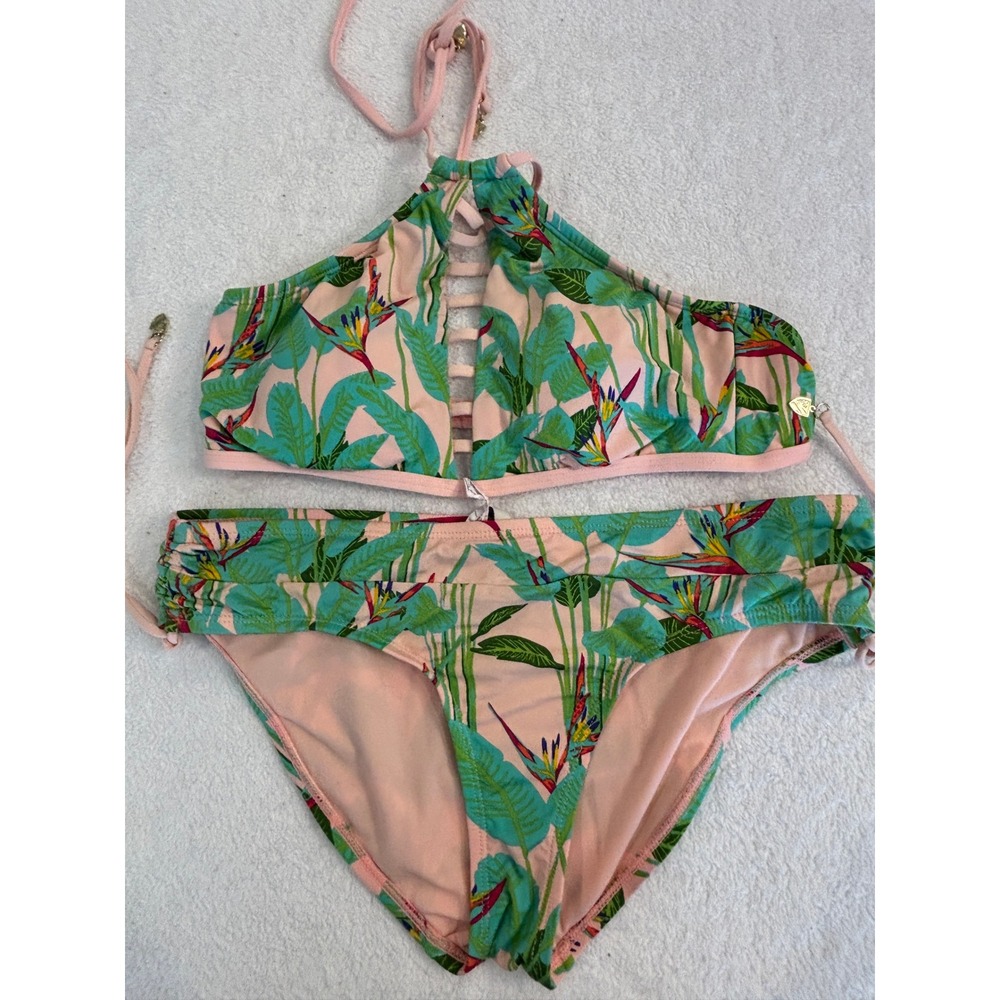 Cremieux Tropical Bird of Paradise Bikini Set High Neck Halter Pink Green Large